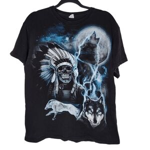 Vintage Y2K Chief Skull Wolves Moon Native American Howl Stars T-Shirt Size L